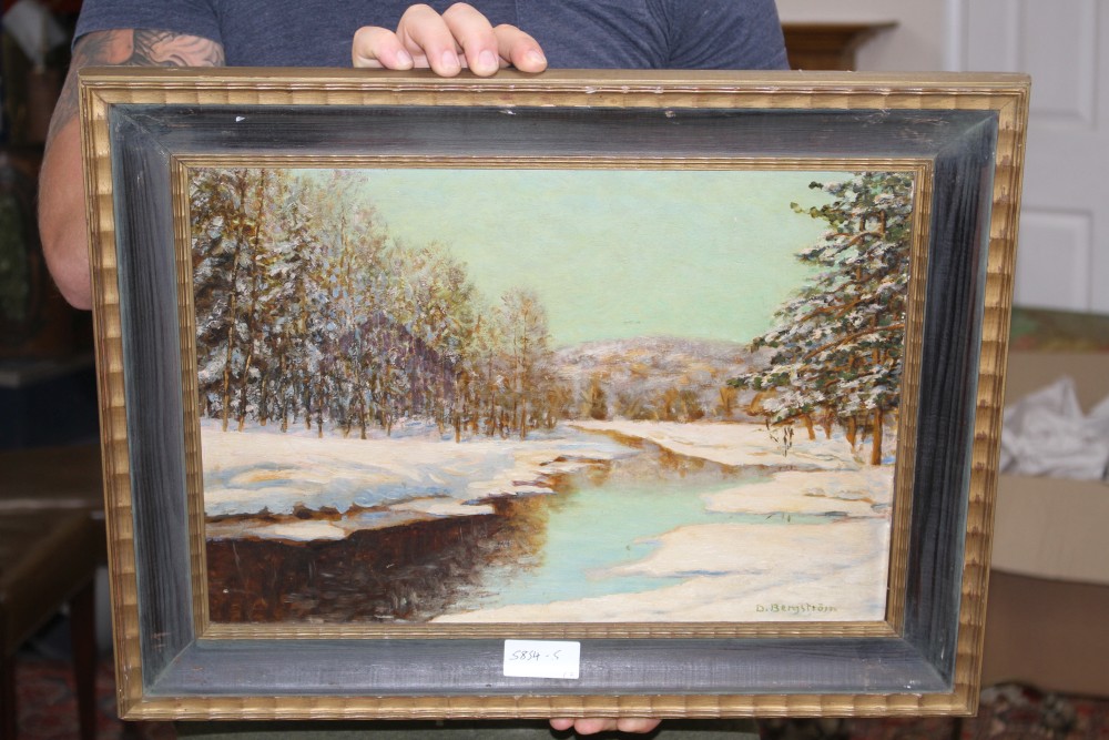 D. Bergstrom, oil on board, oil of Highland cattle & an oileograph of Romans